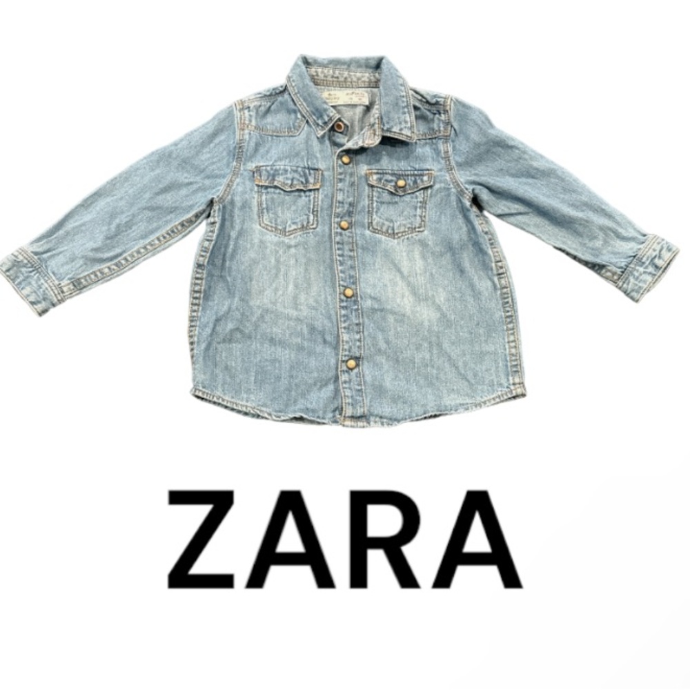 Authentic Zara baby distressed denim Jean button down shirt sz 18-24 M